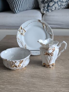 Vintage Elegant White and Gold Porcelain Creamer, Sugar Bowl With Plate